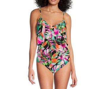 BEYOND CONTROL Tropical Ruffle One-Piece Swimsuit Size  8 Vibrant Floral Print